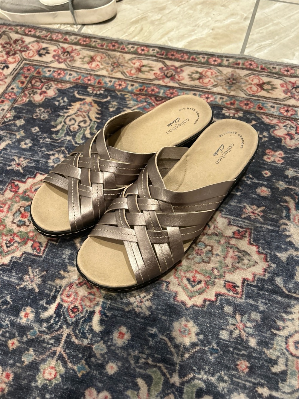 Clarks Metallic Taupe Braided Slide Mules